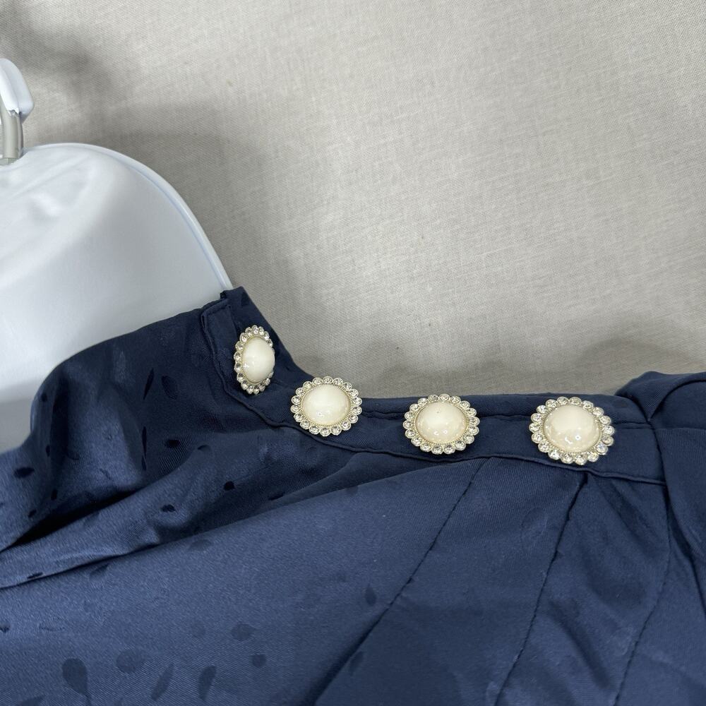Aqua Womens Dress M Blue Pearl Button Shoulder Satin‎ Mock Neck Cocktail Retro - Picture 2 of 11